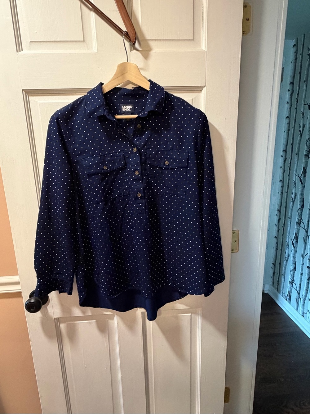 Lands' End Navy Blue Polka Dot pop over Shirt
